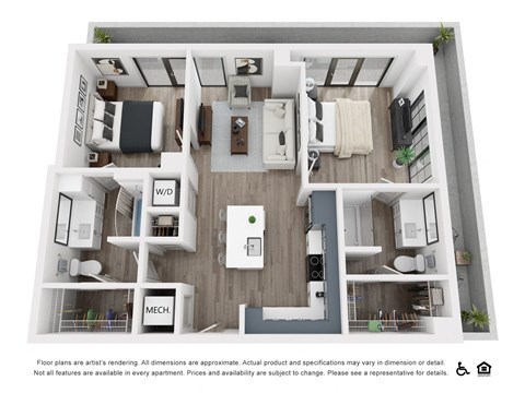 Floor plan for 2 beds, 2 baths, 912 sqft